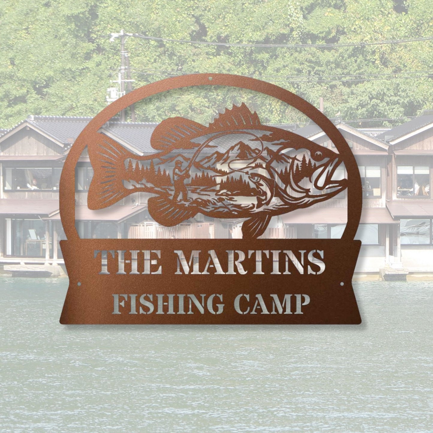 Custom Fishing Camp Metal Sign | Personalized Lake House Decor | Fisherman Gift | Rustic Cabin Wall Art | Outdoor Name Sign Steel Plaque