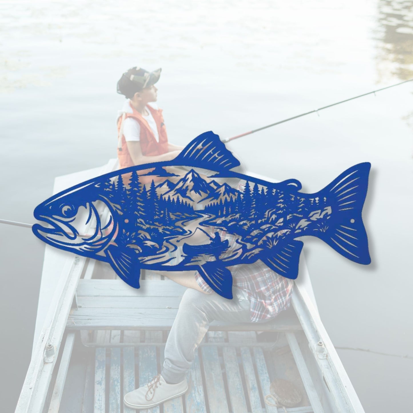 Fish Metal Wall Art Mountain Landscape Decor, Lake House Signs, Fisherman Gift, Cabin Wall Decor, Outdoor Nature Metal Signs, River Art