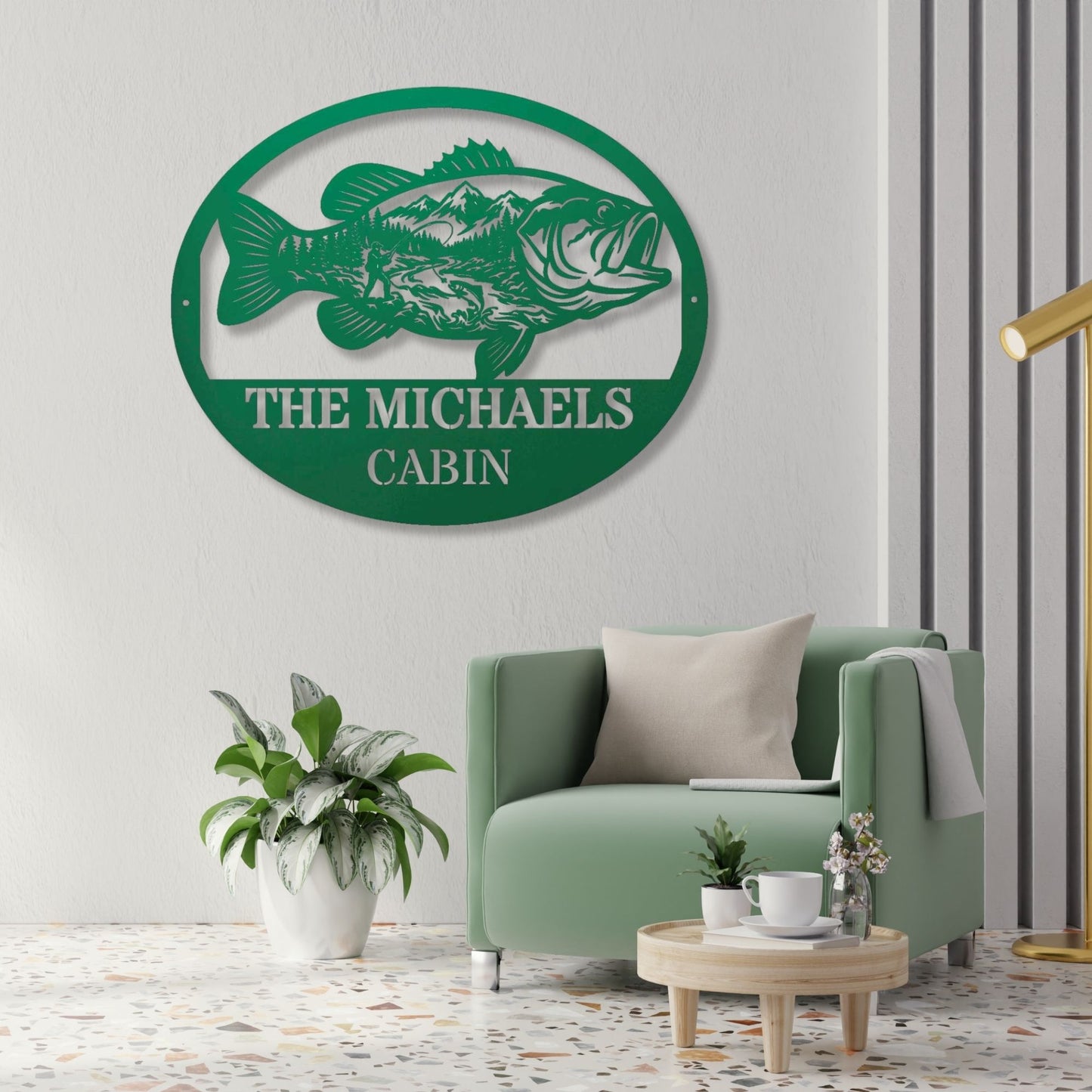 Personalized Fish Metal Wall Art Mountain Landscape Decor, Custom Family Name Sign, Lake House Decor, Fisherman Gift, Cabin Metal Sign