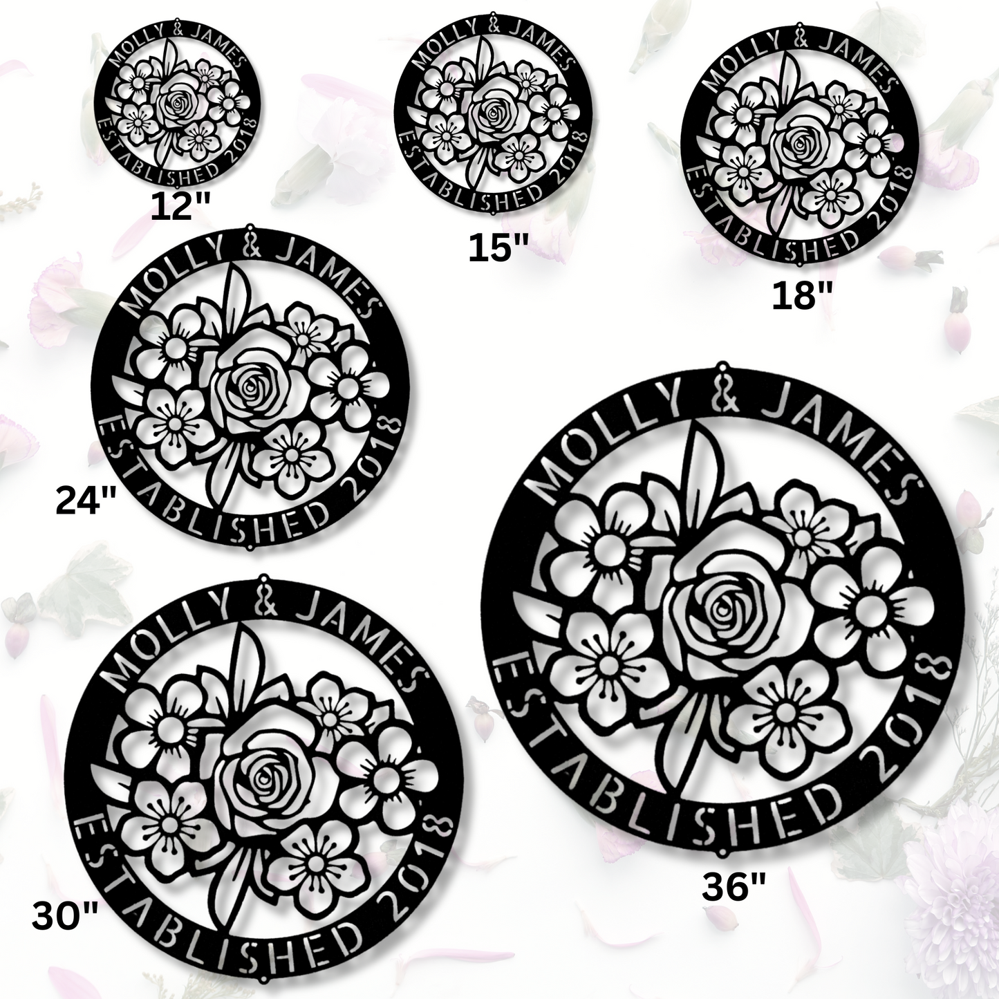 Personalized Floral Ring Metal Steel Sign, Custom Name Floral Monogram For Newly Weds, Anniversary Gift , Housewarming Gifts, Wedding Gift