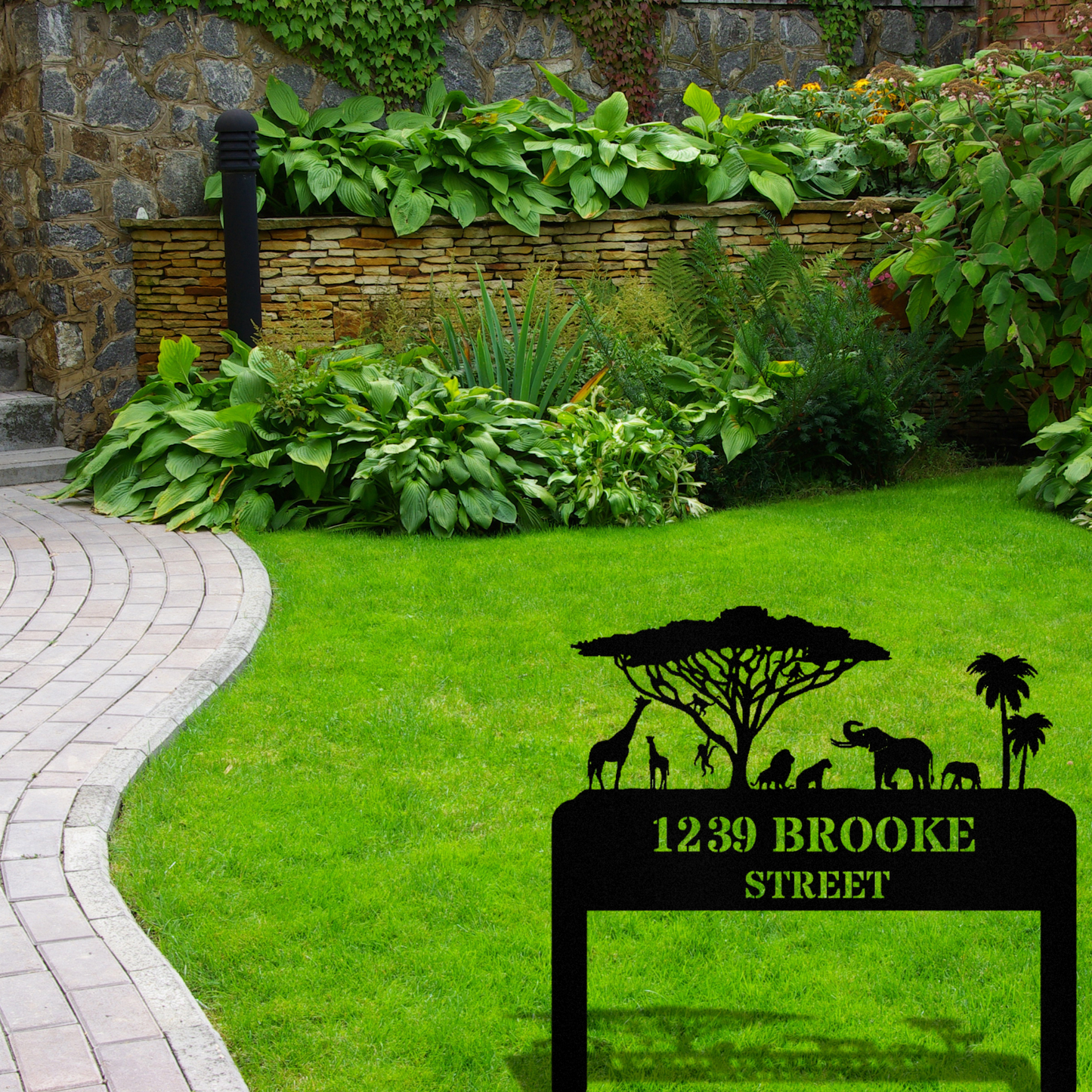 African Savannah Address Stake Sign, African Animals Metal Sign Metal House Numbers Outdoor Address Sign, Girraffe Elephant Monkey Lion Sign