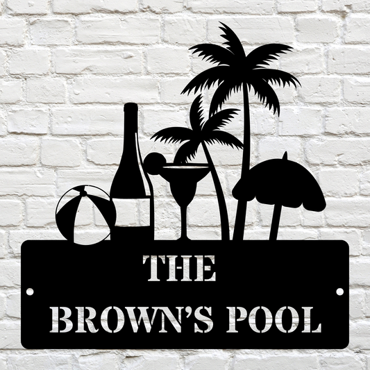 Personalized Beach Theme Sign, Custom Metal Pool Drink Sign, Family Name Beach Decor, Ocean & Nautical Art for Home and Pool House