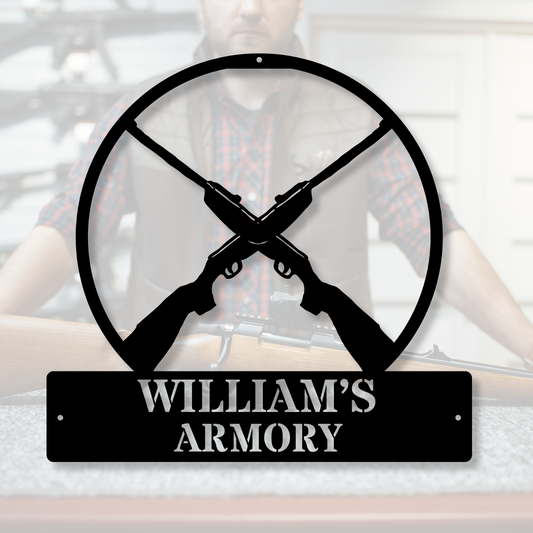 Customized Armory Metal Sign, Personalized Armory Name Sign, Mancave Decor, Rifle Wall Art, Gun Armory Sign, Custom Armory Wall Art Dad Gift