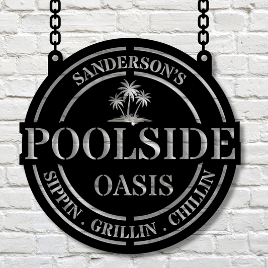 Personalized Poolside Oasis Metal Sign, Outdoor Decor, Pool Signs for Outdoor, Custom Backyard Bar And Grill Sign Decor Poolside Oasis Sign