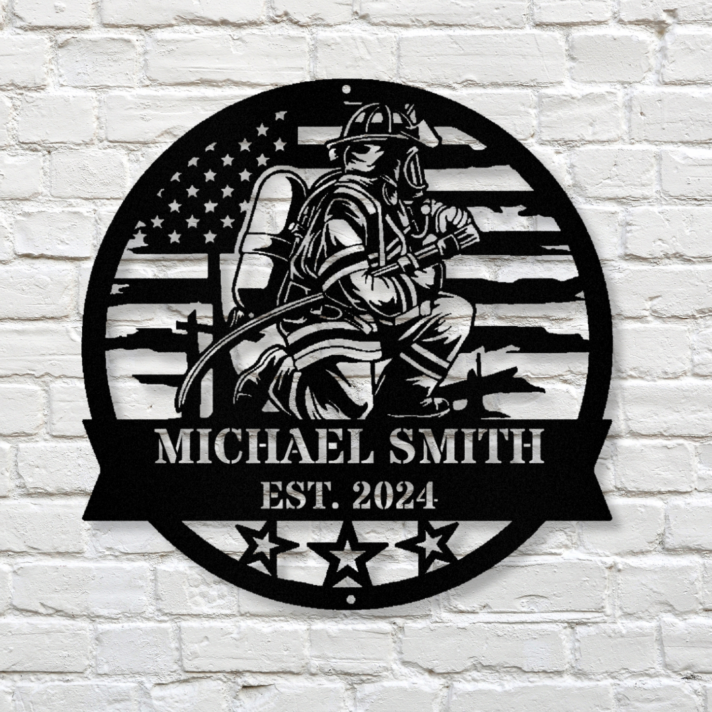 Perconalized Firefighter Metal Sign, Last Name Firefighter Gift, Husband Father's Day Gifts, Patriotic American Flag Firefighter Sign