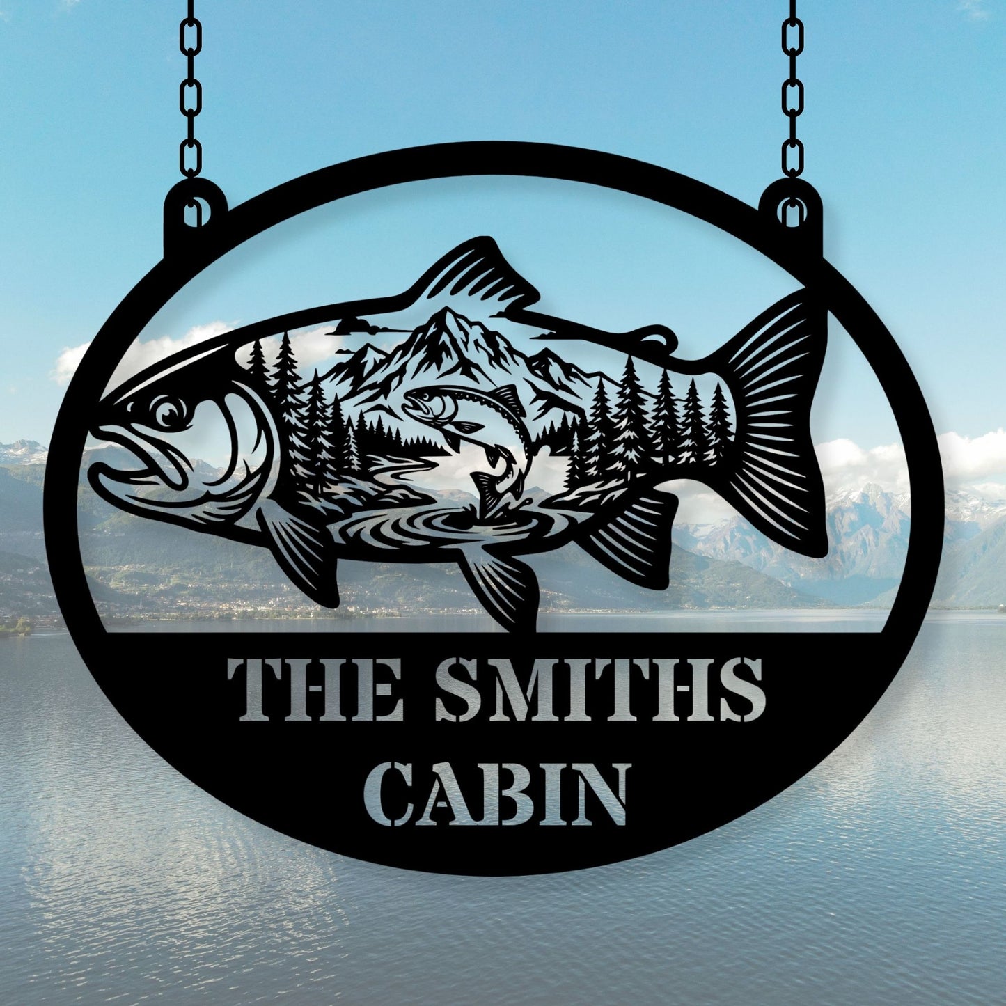 Custom Fish Metal Wall Art with Name, Personalized Mountain Decor, Father’s Day Gift, Lake House Sign, Fisherman Gift, Cabin Wall Art
