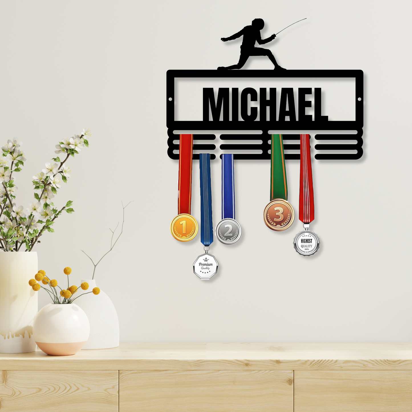Custom Fencing Medal Hanger Metal Sign, Fencer Medal Holder Display Rack, Personalized Fencing Sports Gifts