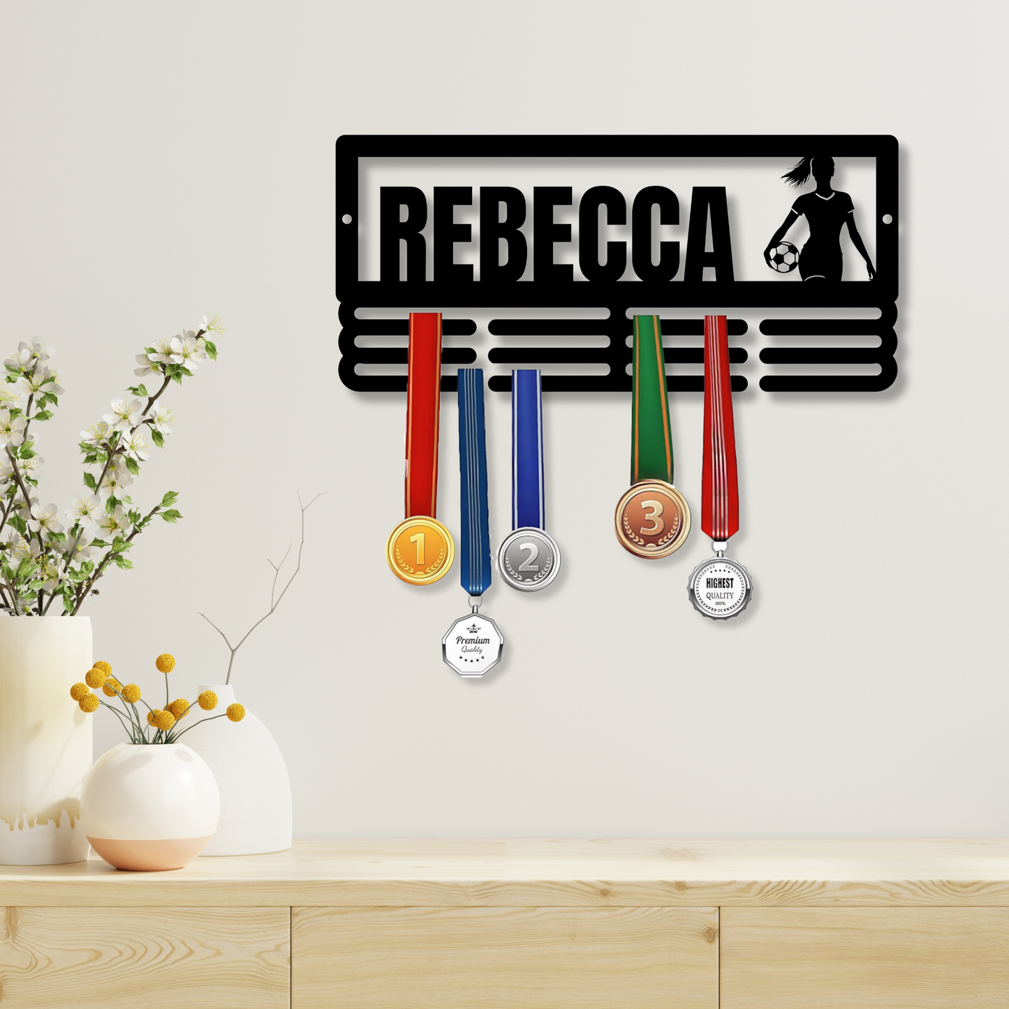 Soccer Medal Hanger for Female Athletes, Medal Display for Girls, Sport and Soccer Awards, Teen Soccer Player Gifts, Women’s Sports Decor, Medal Metal Sign