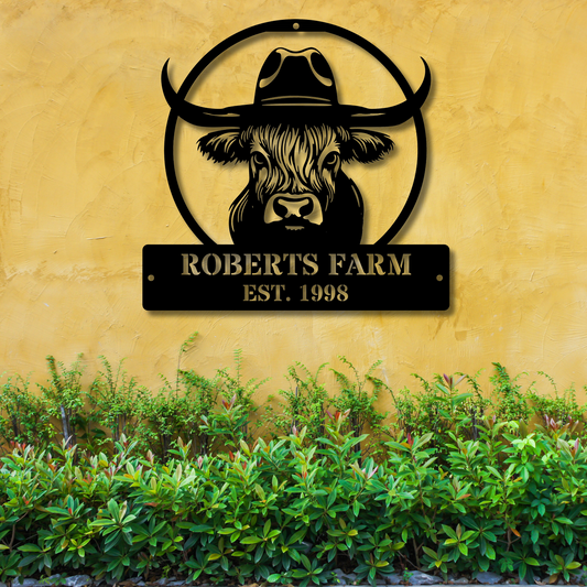 Custom Farm Metal Sign, Highland Cow Metal Sign, Rustic Farmhouse Decor, Personalized Barn Art, Cow Wall Hanging for Animal Lovers