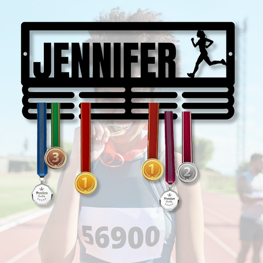 Personalized Track Medal Holder Metal Sign, Custom Runner's Name Medal Holder