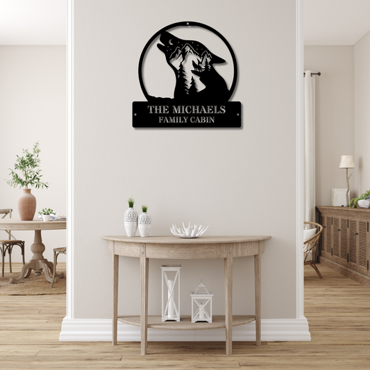 Custom Howling Wolf Metal Sign, Personalized Last Name Sign, Wolf Decor Gift, Rustic Metal Art, Nature Inspired Wall Art, Mancave Sign Decor