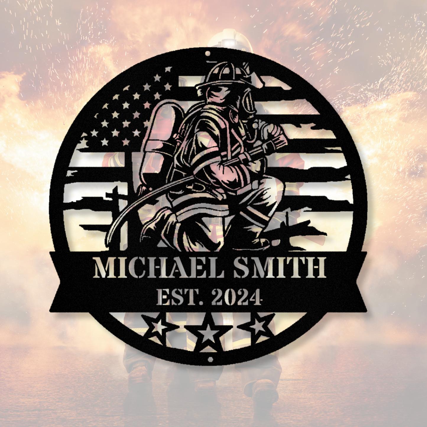 Perconalized Firefighter Metal Sign, Last Name Firefighter Gift, Husband Father's Day Gifts, Patriotic American Flag Firefighter Sign