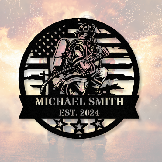 Perconalized Firefighter Metal Sign, Last Name Firefighter Gift, Husband Father's Day Gifts, Patriotic American Flag Firefighter Sign