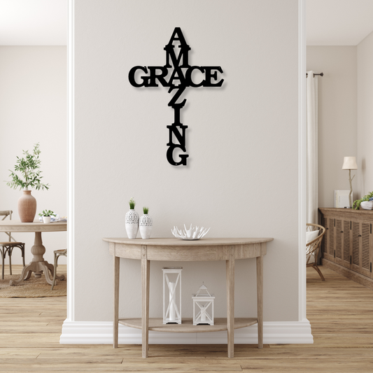 Amazing Grace Cross Metal Sign, Gift For Christians, Metal Wall Sign, Script Sign, Bible House Decor, Christian Home Decor, Religious Decor