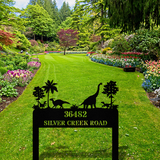 Custom Dinosaur Metal Address Sign, Dino Home Address Sign, Personalized Dinosaur Art Address Stake, New Home Outdoor Decor, Residence Sign