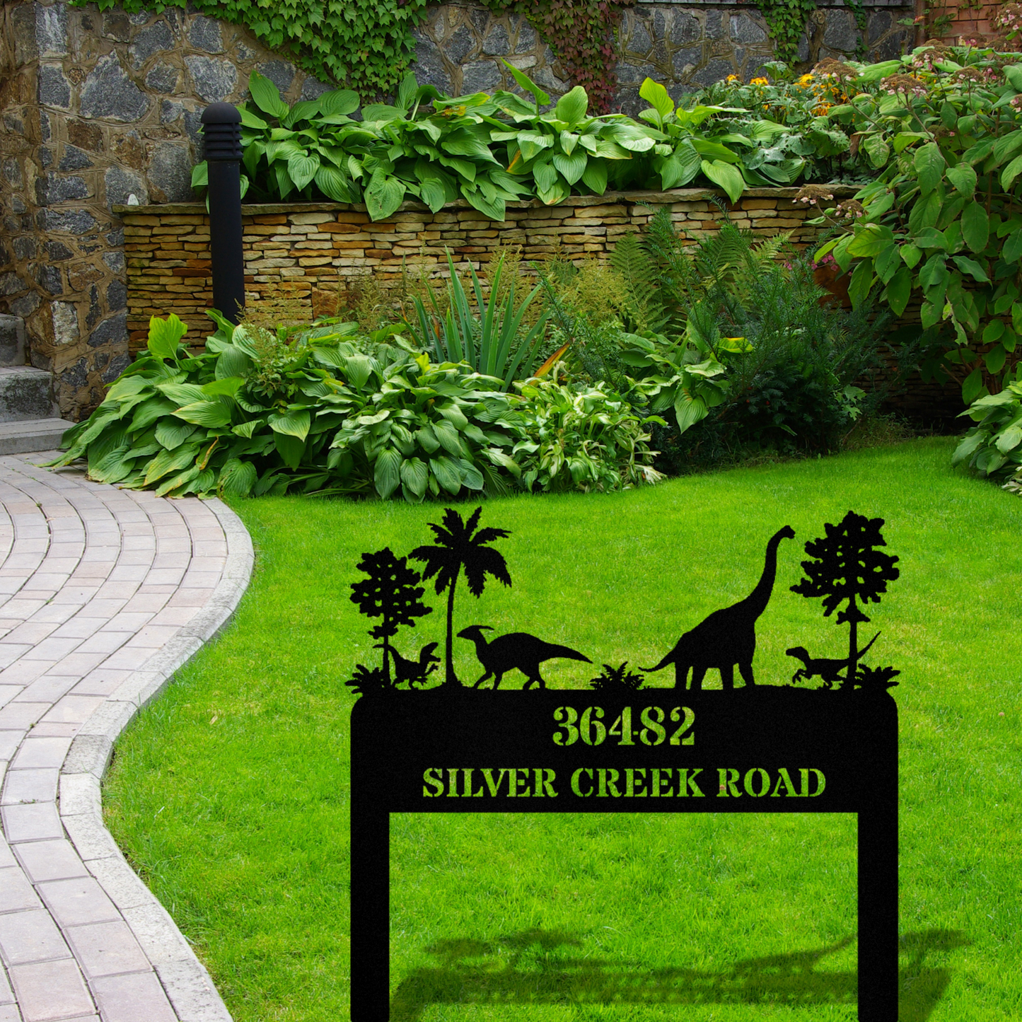 Custom Dinosaur Metal Address Sign, Dino Home Address Sign, Personalized Dinosaur Art Address Stake, New Home Outdoor Decor, Residence Sign