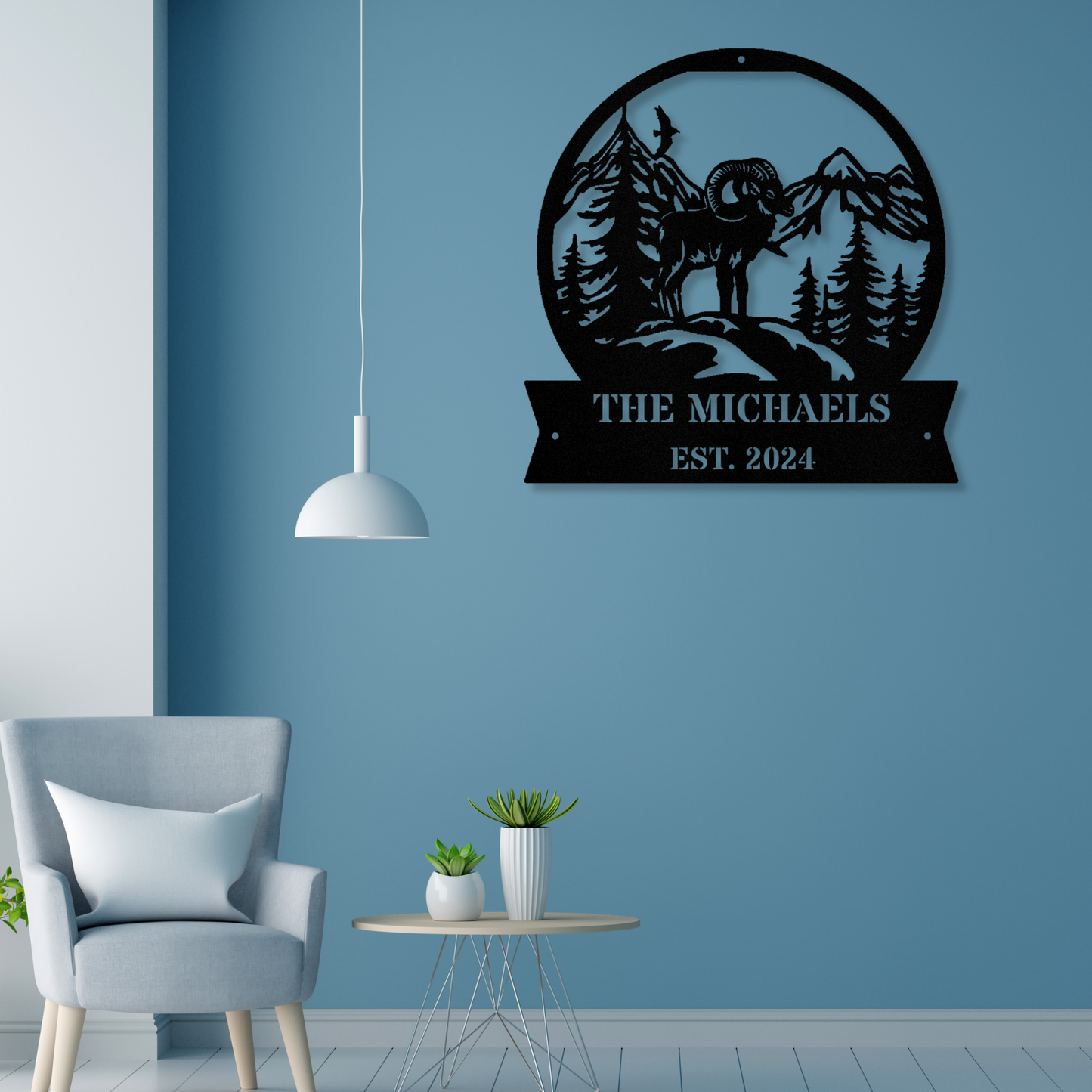 Custom Bighorn Goat Metal Sign, Mountain Cabin Metal Sign, Last Name Sign, Address Sign, Mountain Goat Wall Decor, Housewarming Gift