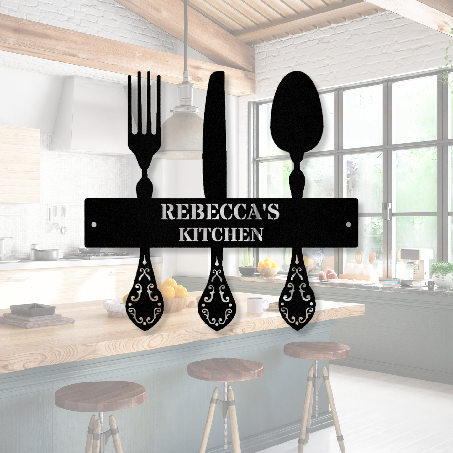 Custom Kitchen Metal Sign, Knife Spoon Fork Art, Mother's Day Gift, Personalized Decor, Female Kitchen Accent, Rustic Farmhouse Sign