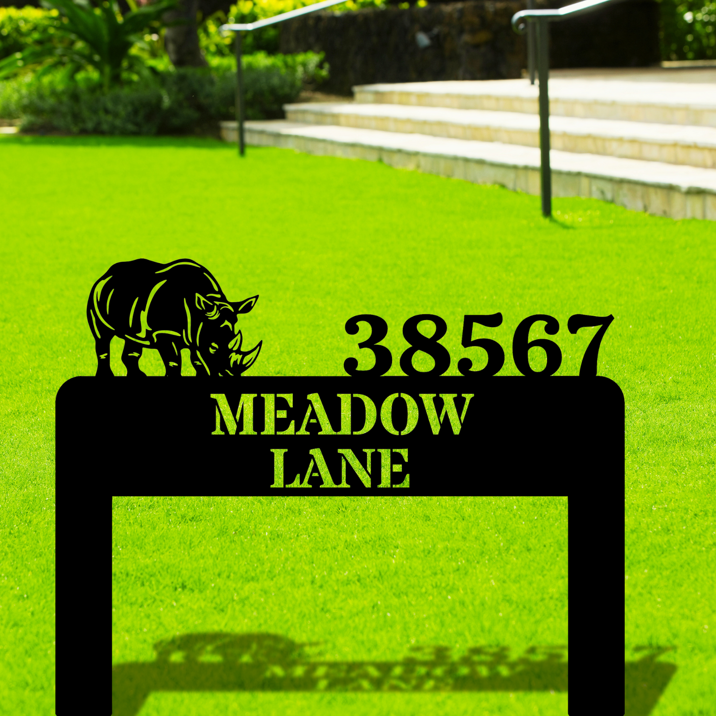 Custom Rhino Metal Address Stake Sign, Unique House Sign, Outdoor Address Marker, Personalized Plaque, Garden Address Stake, Metal Rhino Decor