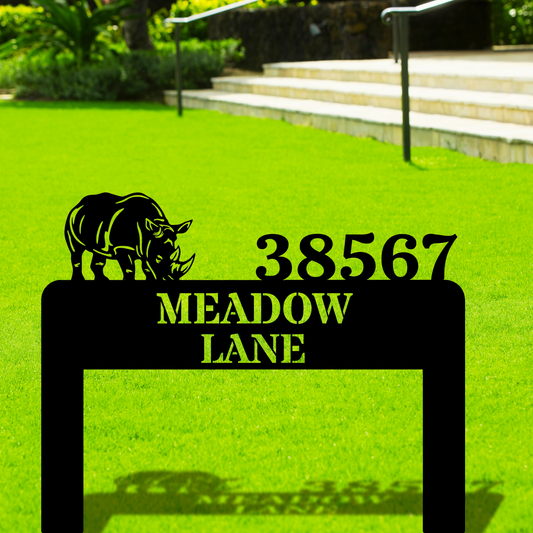 Custom Rhino Metal Address Stake Sign, Unique House Sign, Outdoor Address Marker, Personalized Plaque, Garden Address Stake, Metal Rhino Decor