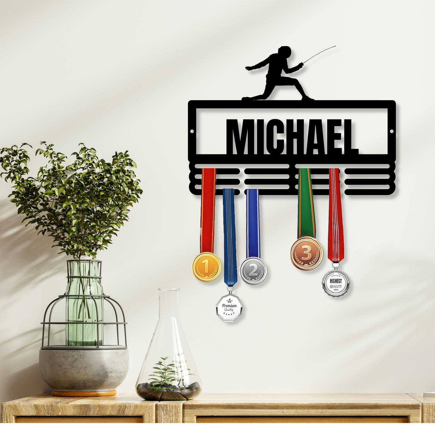 Custom Fencing Medal Hanger Metal Sign, Fencer Medal Holder Display Rack, Personalized Fencing Sports Gifts