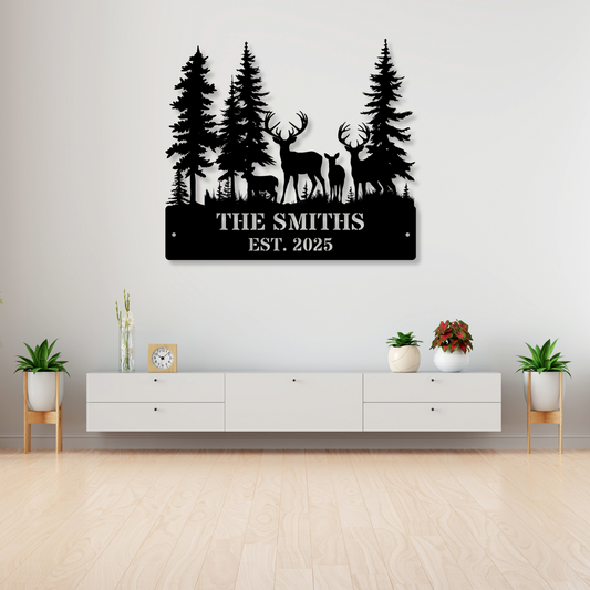 Custom Deer Forest Metal Sign, Personalized Deer Family Name Sign, Farmhouse Decor, Hunting Lodge Decor, Rustic Wildlife Art