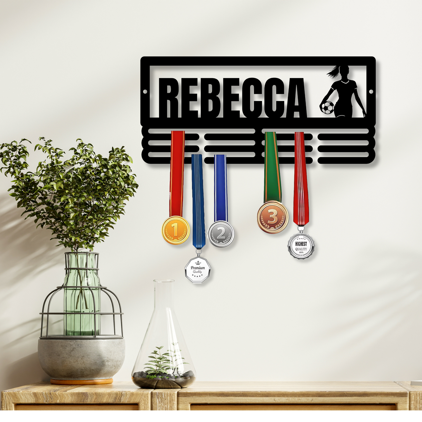 Soccer Medal Hanger for Female Athletes, Medal Display for Girls, Sport and Soccer Awards, Teen Soccer Player Gifts, Women’s Sports Decor, Medal Metal Sign