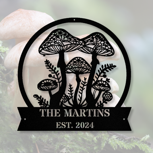 Personalized Mushroom Metal Wall Sign, Custom Name Wall art Decor, Last Name Decor, Mushroom Themed Wall Art, Living room Decor, Large Wall Metal Art