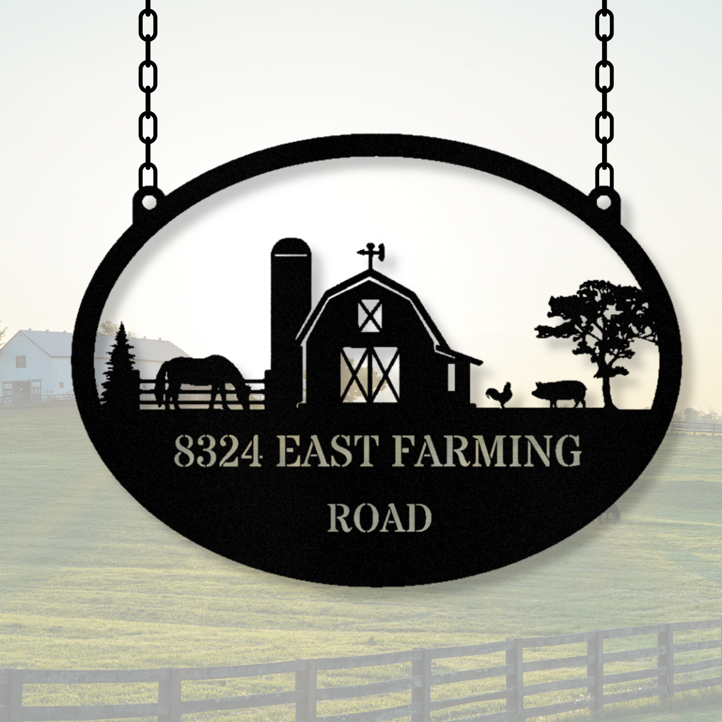 Personalized Farm House Hanging Metal Address Sign, Horse or Pig Farm Sign, Barn Metal Sign, Last Name Metal Sign
