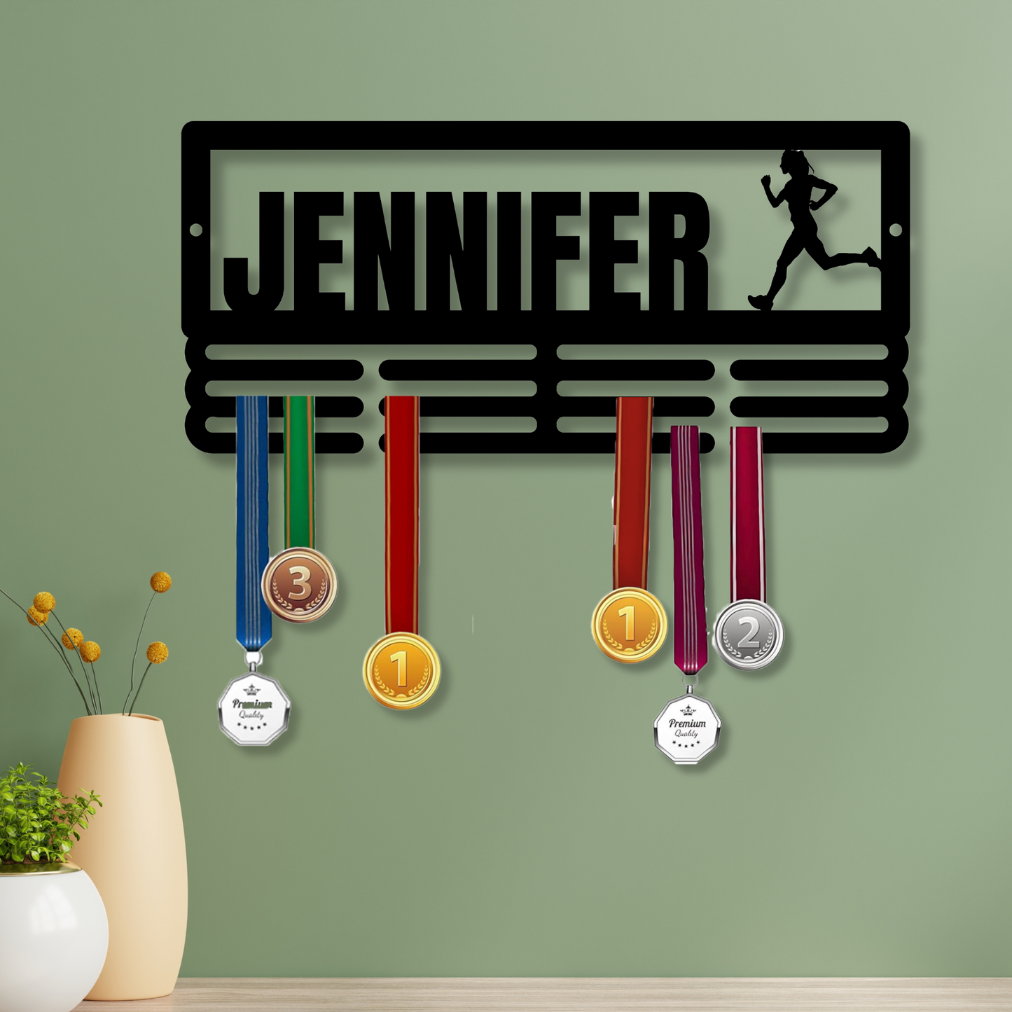 Personalized Track Medal Holder Metal Sign, Custom Runner's Name Medal Holder