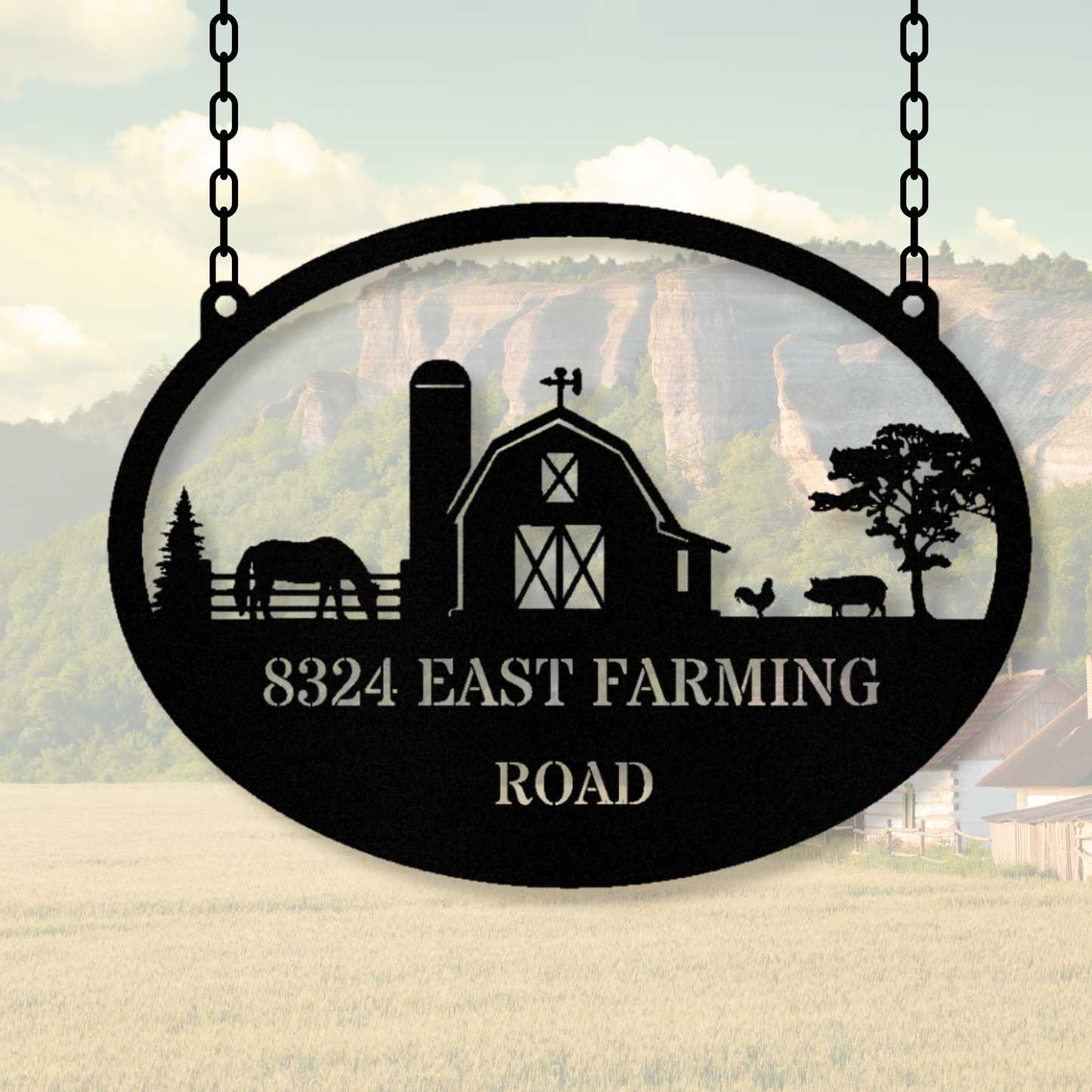 Personalized Farm House Hanging Metal Address Sign, Horse or Pig Farm Sign, Barn Metal Sign, Last Name Metal Sign