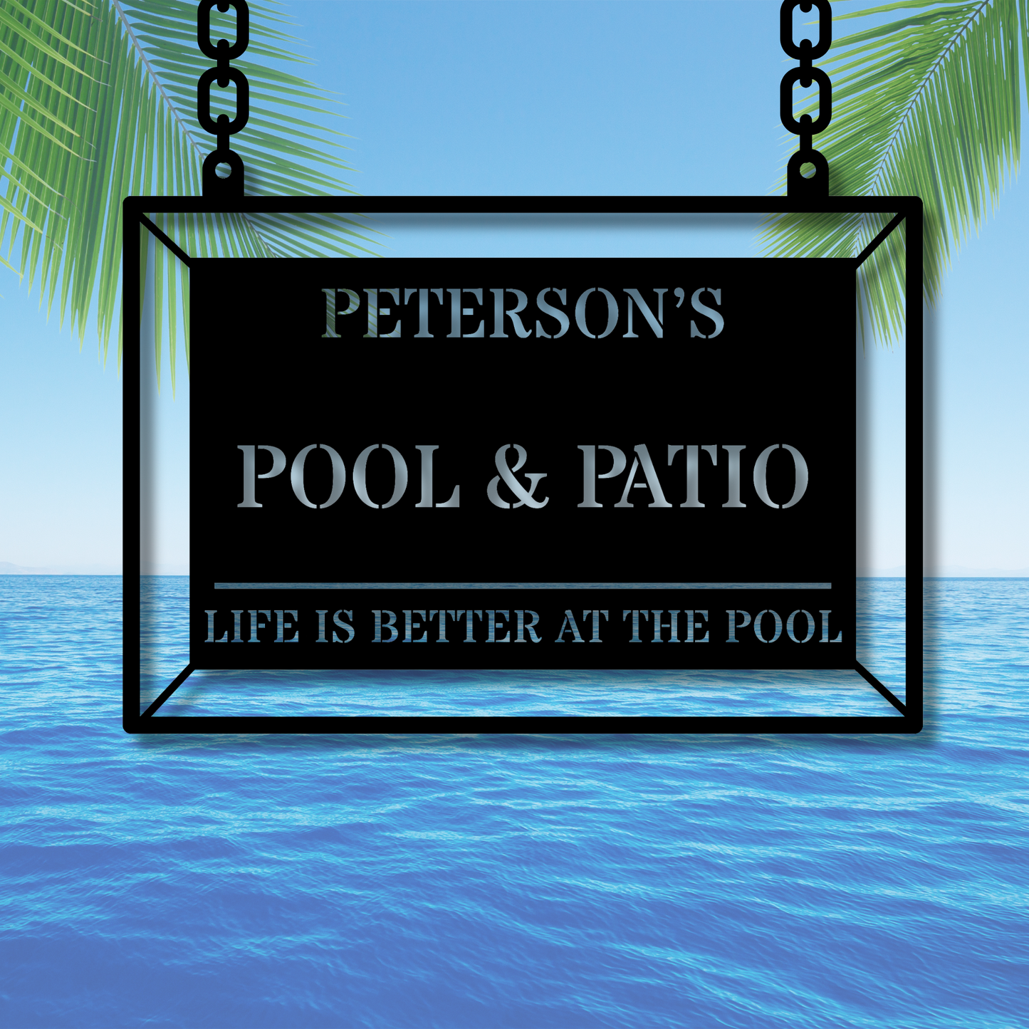 Custom Palm Tree Pool Sign, Personalized Tropical Metal Art, Large Patio Decor, Outdoor Wall Art for Poolside, Gift for Both