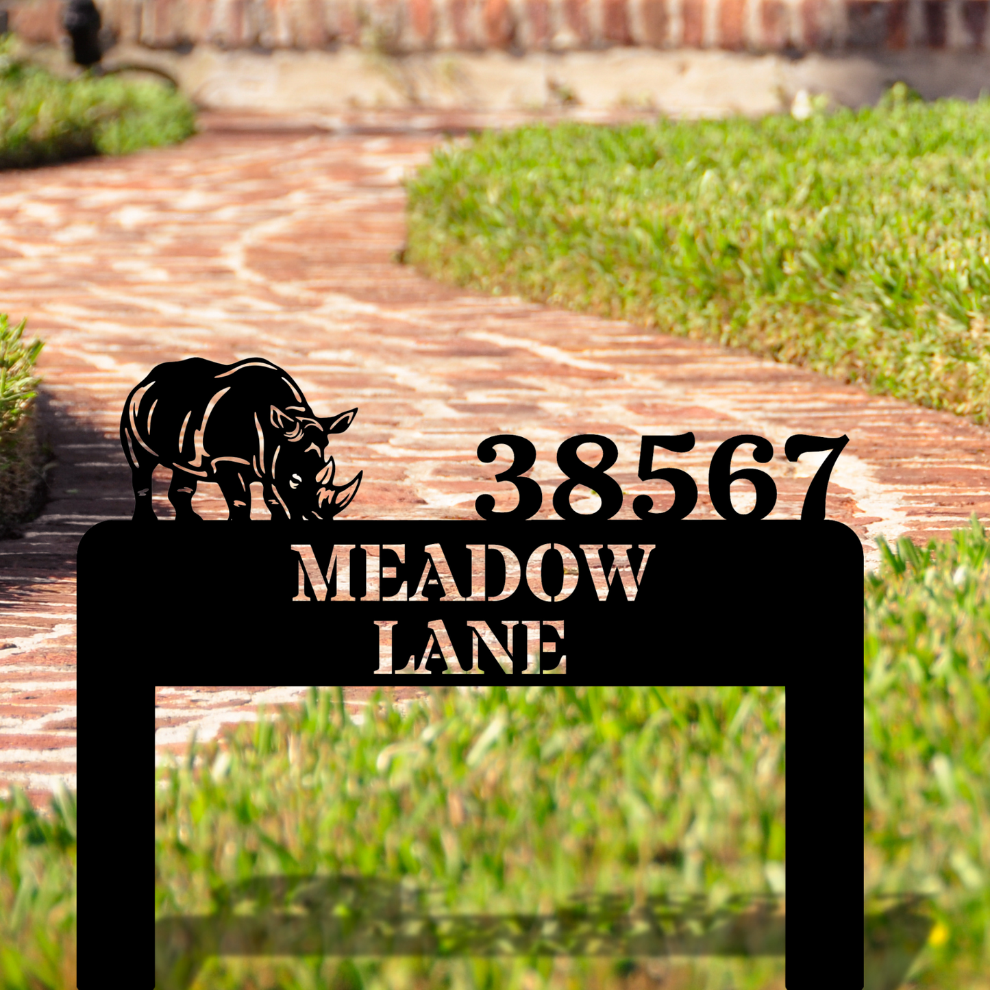 Custom Rhino Metal Address Stake Sign, Unique House Sign, Outdoor Address Marker, Personalized Plaque, Garden Address Stake, Metal Rhino Decor