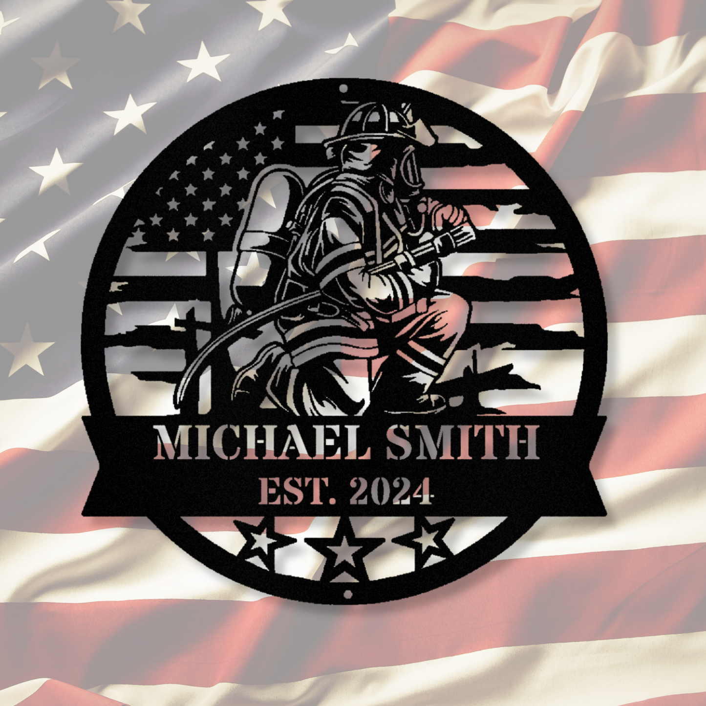 Perconalized Firefighter Metal Sign, Last Name Firefighter Gift, Husband Father's Day Gifts, Patriotic American Flag Firefighter Sign