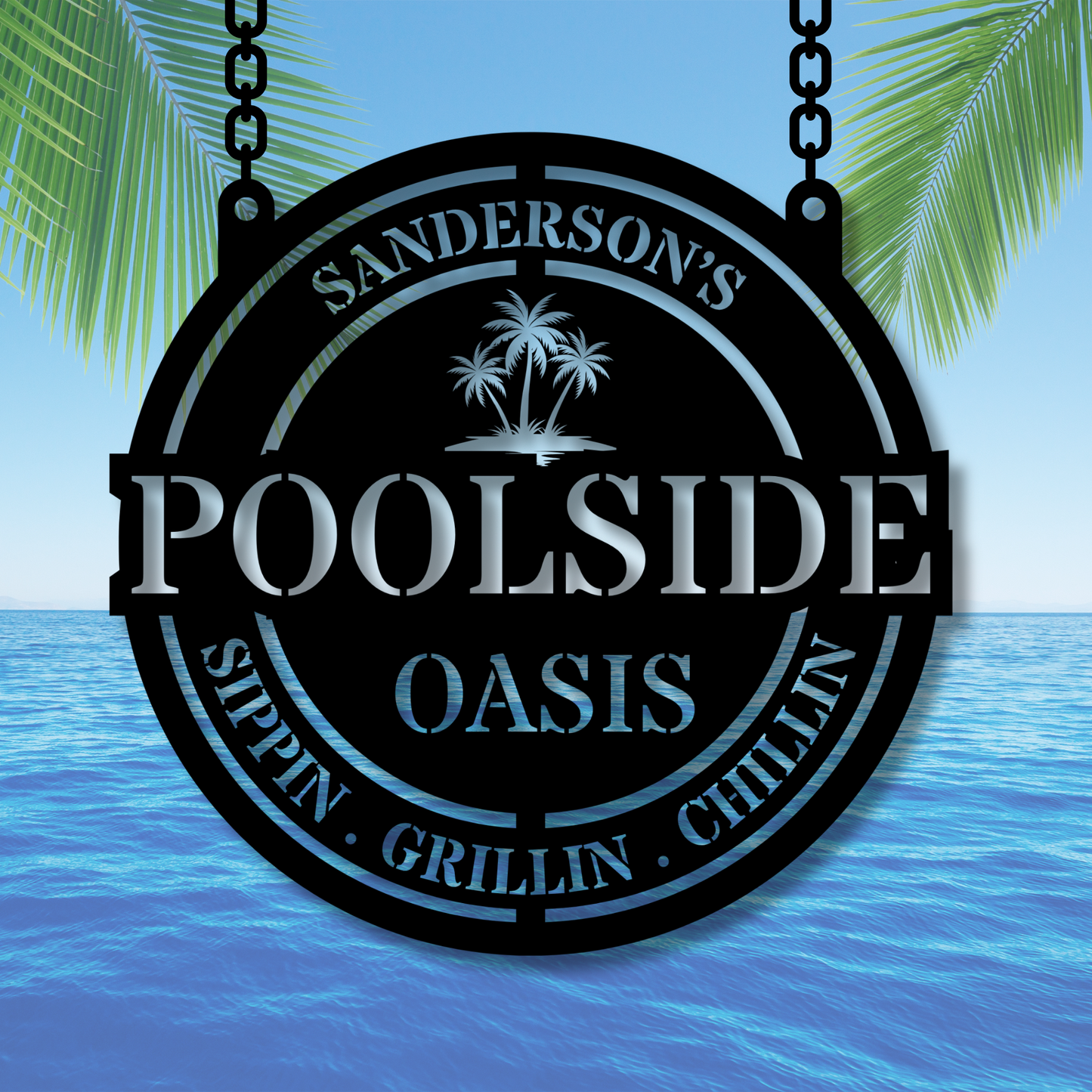 Personalized Poolside Oasis Metal Sign, Outdoor Decor, Pool Signs for Outdoor, Custom Backyard Bar And Grill Sign Decor Poolside Oasis Sign