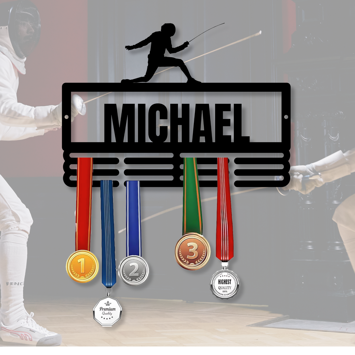Custom Fencing Medal Hanger Metal Sign, Fencer Medal Holder Display Rack, Personalized Fencing Sports Gifts