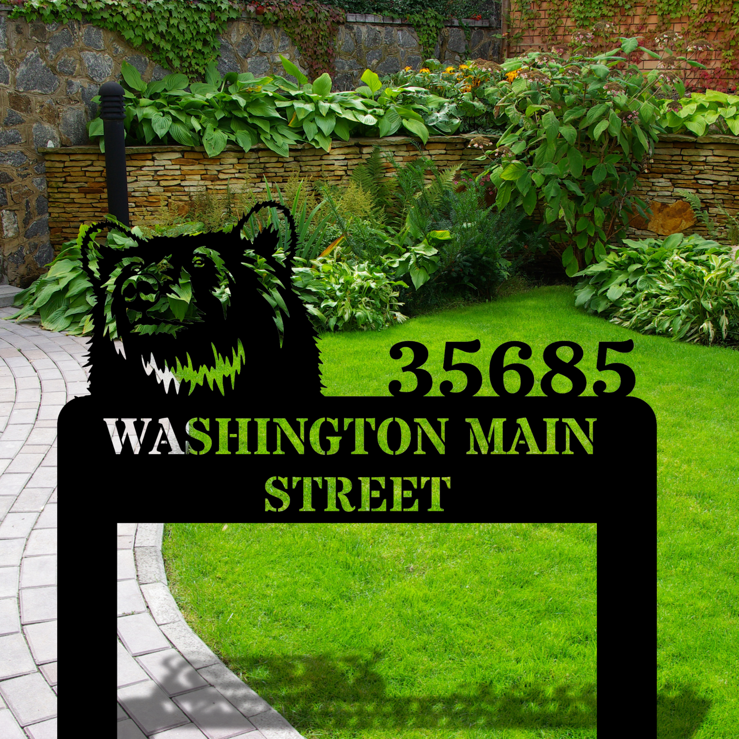 Custom Bear Metal Address Stake Sign, Personalized Bear Outdoor Decor, Home Address Yard Plaque, Rustic Woodland Home Address Sign