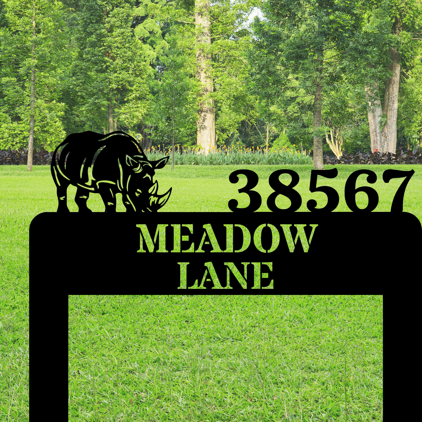 Custom Rhino Metal Address Stake Sign, Unique House Sign, Outdoor Address Marker, Personalized Plaque, Garden Address Stake, Metal Rhino Decor