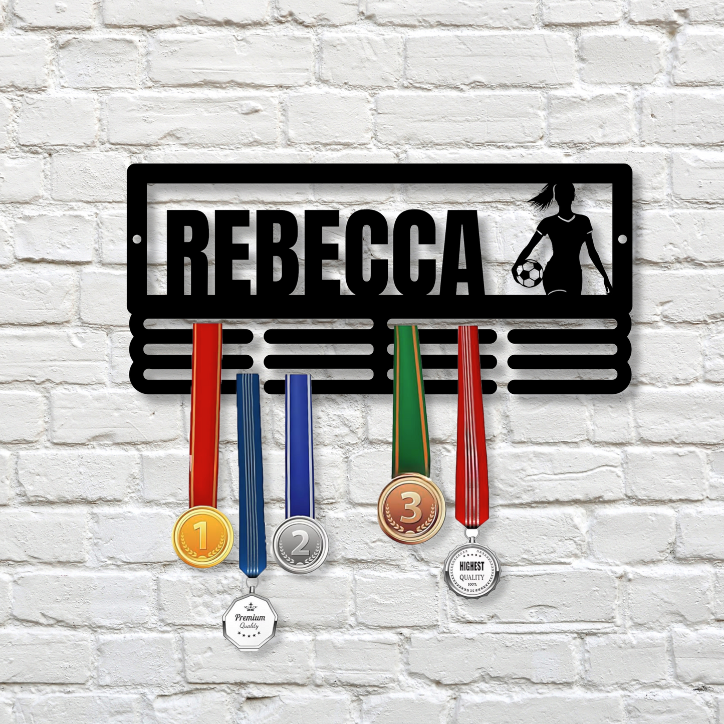 Soccer Medal Hanger for Female Athletes, Medal Display for Girls, Sport and Soccer Awards, Teen Soccer Player Gifts, Women’s Sports Decor, Medal Metal Sign