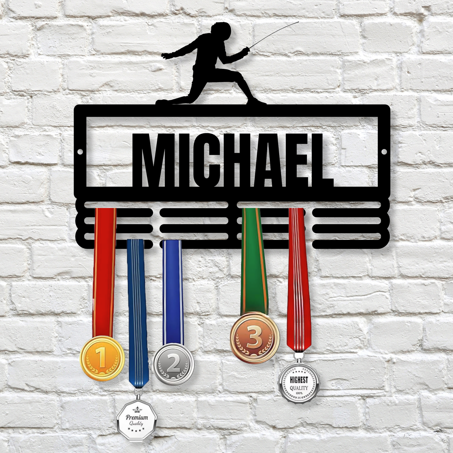 Custom Fencing Medal Hanger Metal Sign, Fencer Medal Holder Display Rack, Personalized Fencing Sports Gifts
