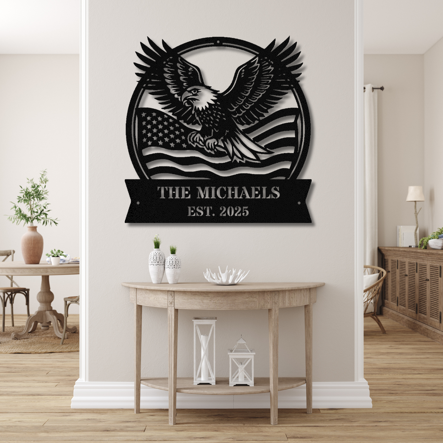 Custom Eagle US Flag Metal Sign, American Flag Gift, Bald Eagle Decor, Patriotic Wall Art, Personalized Name Sign, 4th of July Gift