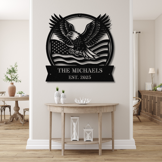 Custom Eagle US Flag Metal Sign, American Flag Gift, Bald Eagle Decor, Patriotic Wall Art, Personalized Name Sign, 4th of July Gift