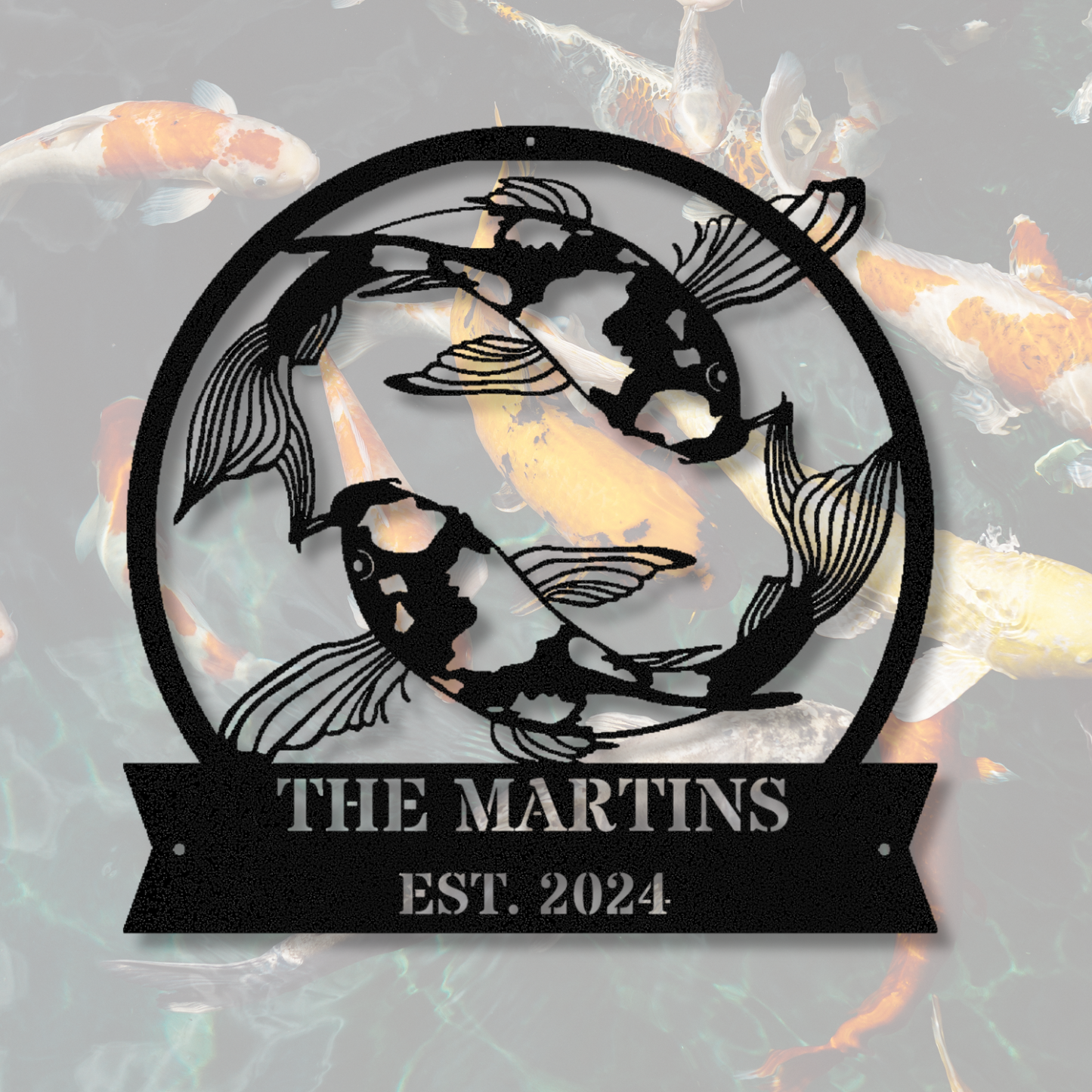 Personalized Koi Fish Metal Sign, Custom Name Metal Sign, Minimalistic Line Art Koi Fish, Last Name Established Metal Sign, Koi Fish Pond Sign