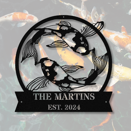 Personalized Koi Fish Metal Sign, Custom Name Metal Sign, Minimalistic Line Art Koi Fish, Last Name Established Metal Sign, Koi Fish Pond Sign