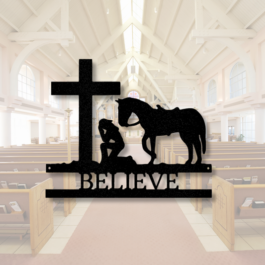 Personalized Praying Girl With A Horse Metal Steel Sign, Kneeling Girl  At A  Cross Custom Sign, Religious Farm Decor, Memorial Signs, Custom Ranch Hangings