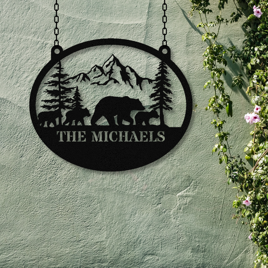 Personalized Bear and Cubs Metal Sign, Cabin Metal Sign, Housewarming Gift, Established Sign, Large Wall Art, Bear Lover Gift, Last Name Sign