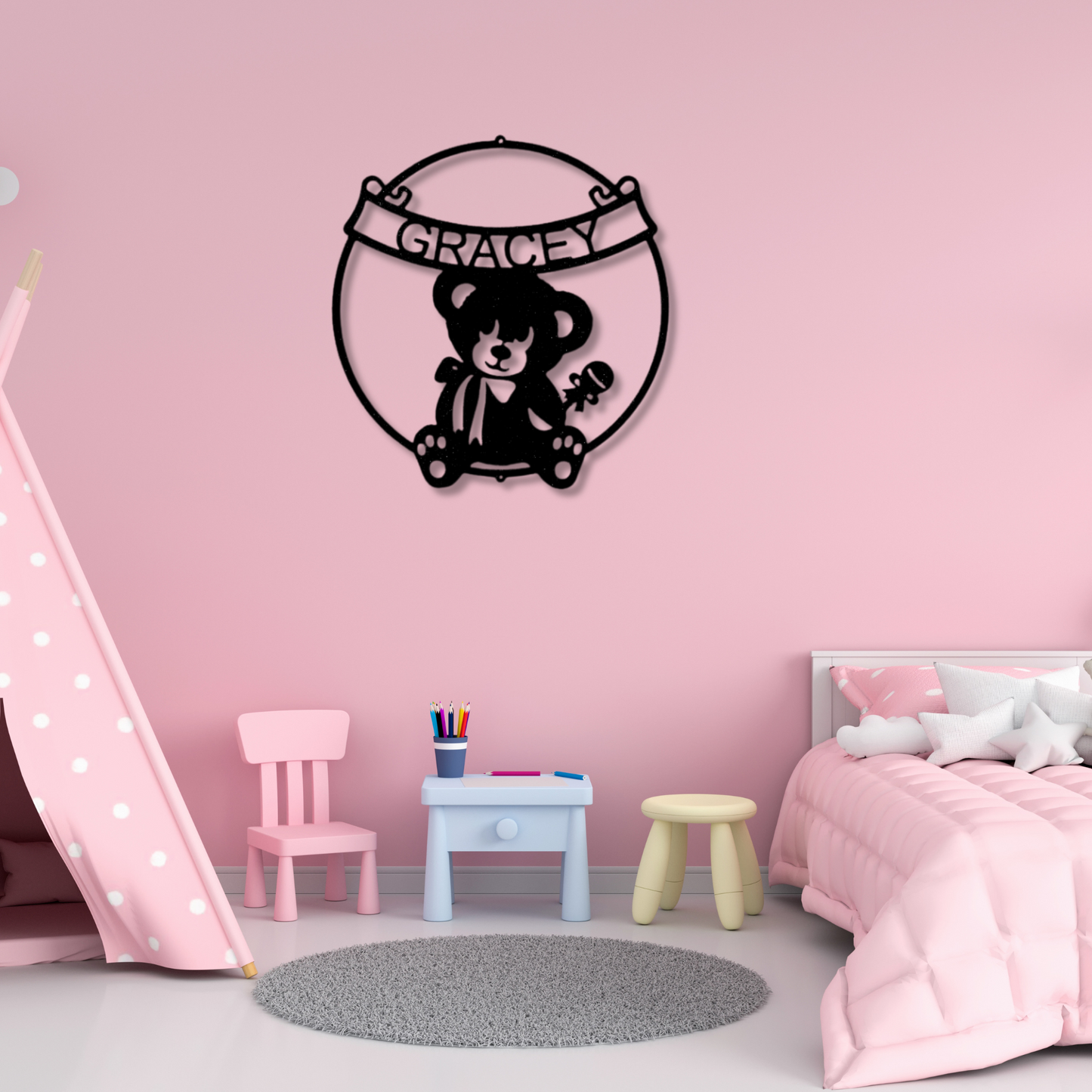 Custom Teddy Bear Metal Sign, Personalized Name Teddy Wall Decor, Kids Room Wall Art Sign, Birthday Gift For A Newborn, Baby shower Gift.