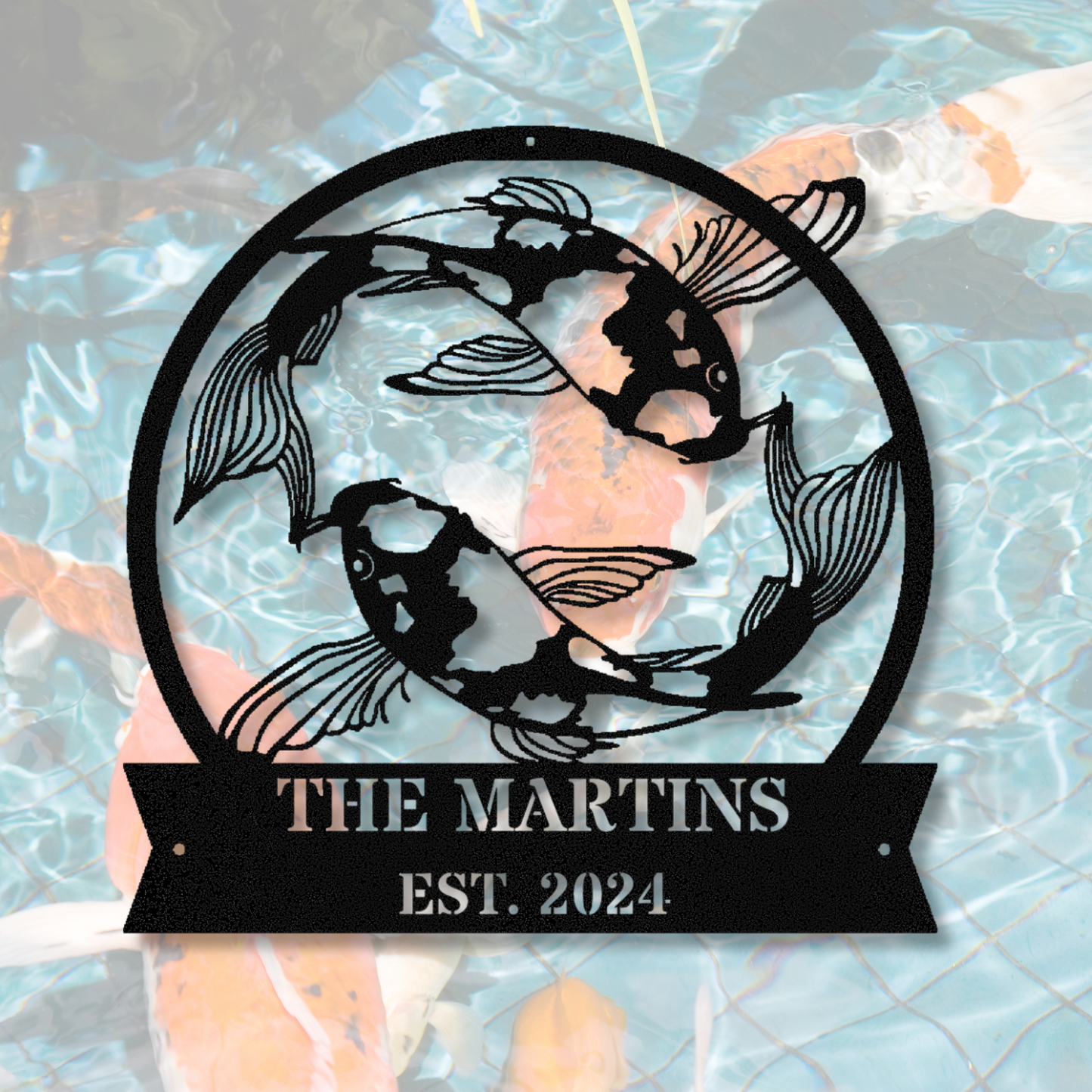Personalized Koi Fish Metal Sign, Custom Name Metal Sign, Minimalistic Line Art Koi Fish, Last Name Established Metal Sign, Koi Fish Pond Sign