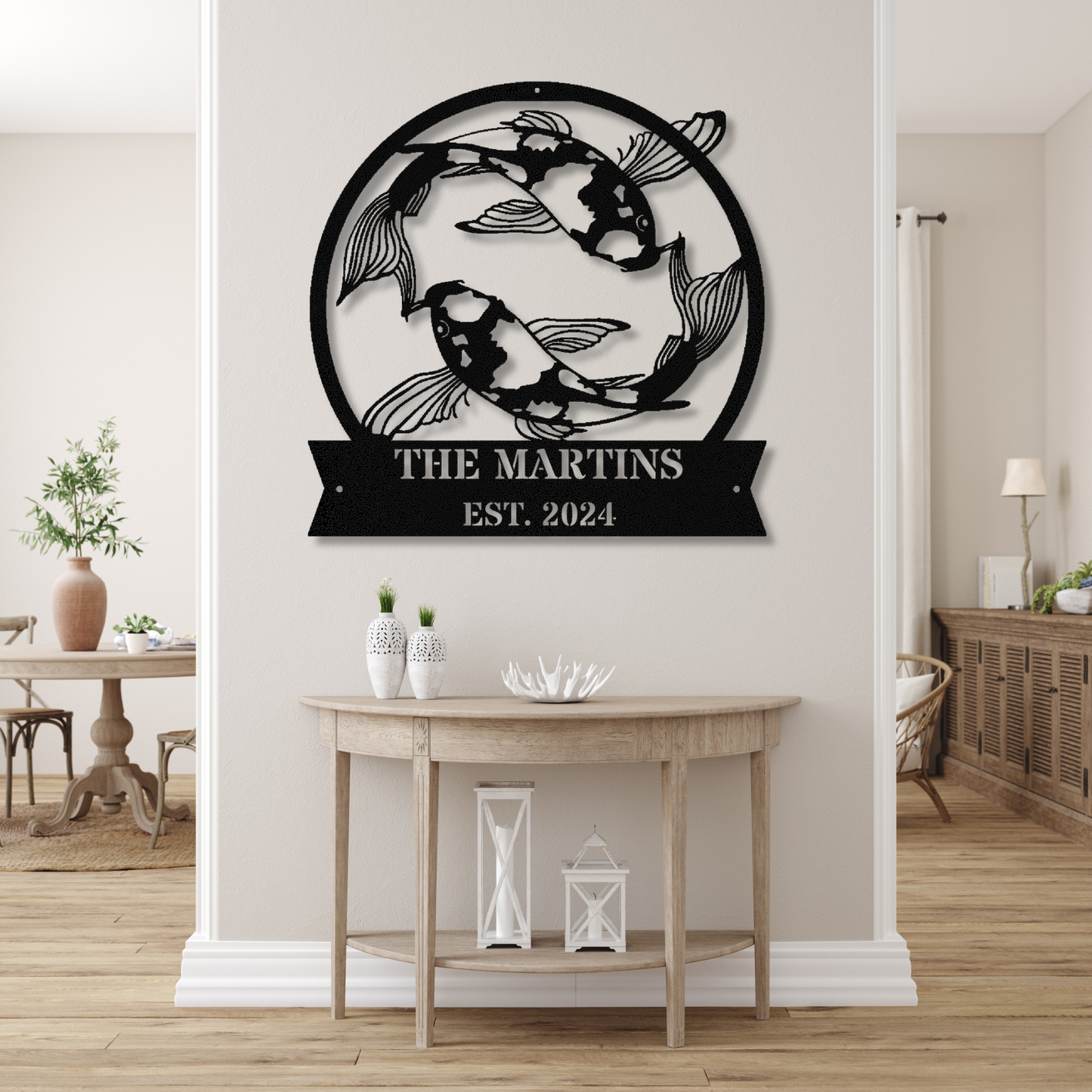 Personalized Koi Fish Metal Sign, Custom Name Metal Sign, Minimalistic Line Art Koi Fish, Last Name Established Metal Sign, Koi Fish Pond Sign
