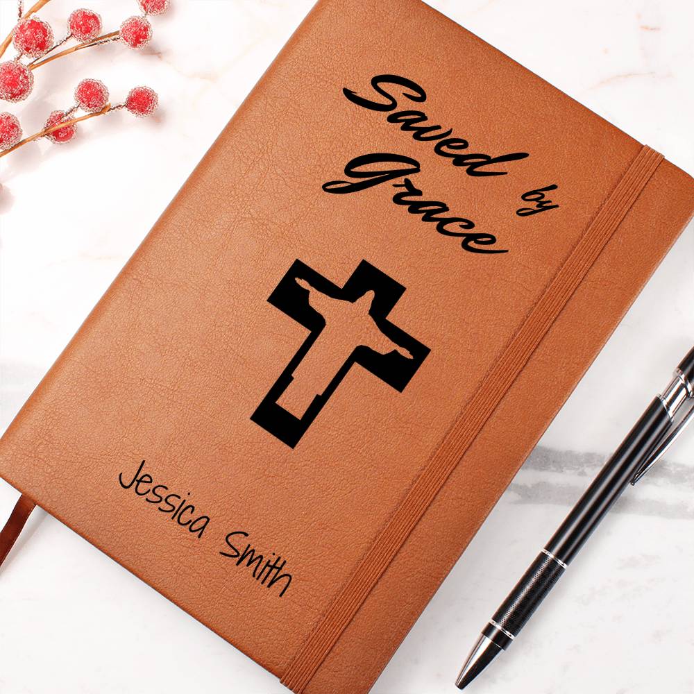 Saved By Grace Prayer Journal, Personalized Leather Journal Notebook, Custom Name Bible Study Notebook, Devotional Journal, Christian Gifts